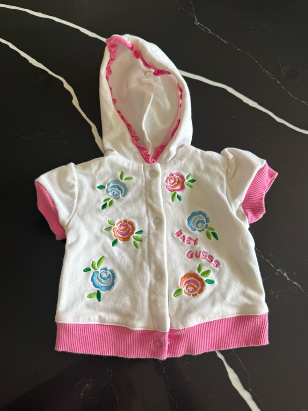 Y2K Baby GUESS White & Pink Hooded‎ Floral Short-Sleeve Top